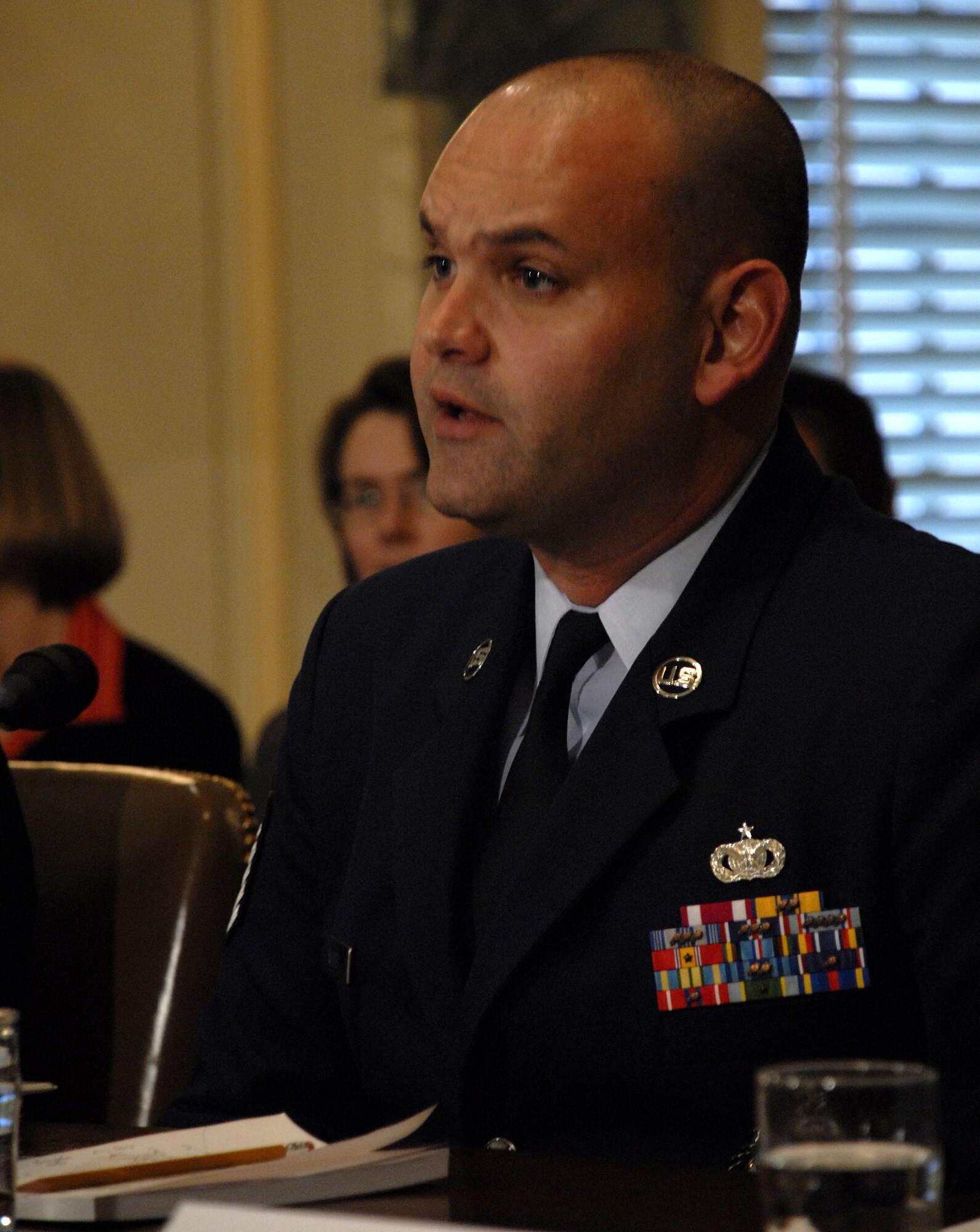 WASHINGTON - Master Sgt. Dave White answers questions for the Senate Armed Services Committee Subcommittee on Personnel Jan. 31. He is a flight chief for the 341st Recruiting Squadron and leads Air Force efforts to recruit medical officers. Amid a panel that included sister service counterparts, General Vautrinot provided the senators with an update on current recruiting numbers, challenges and issues. (Air Force photo/Staff Sgt. J.G. Buzanowski)