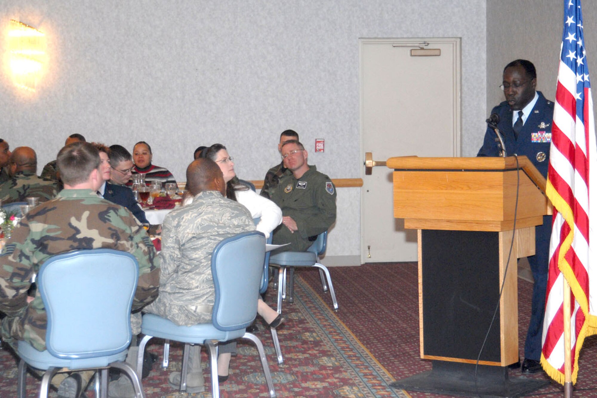 Col. Allen Kirkman Jr., U.S. Strategic Command liaison officer to U.S. Northern Command, speaks at the Martin Luther King Jr. observance luncheon Jan. 23. More than 160 Warren members attended the luncheon to celebrate diversity (U.S. Air Force photo/Shelley Raffl).