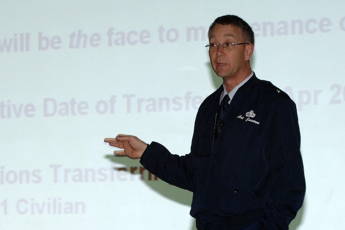 Brig. Gen. Arthur Cameron III, 309th Maintenance Wing commander, speaks at a town hall meeting at the base theater Feb. 1, 2008. More than 230 Hill Air Force Base Supply, Storage and Distribution employees are making a transition to becoming Defense Logistics Agency employees. (U.S. Air Force photo by Alex Lloyd)