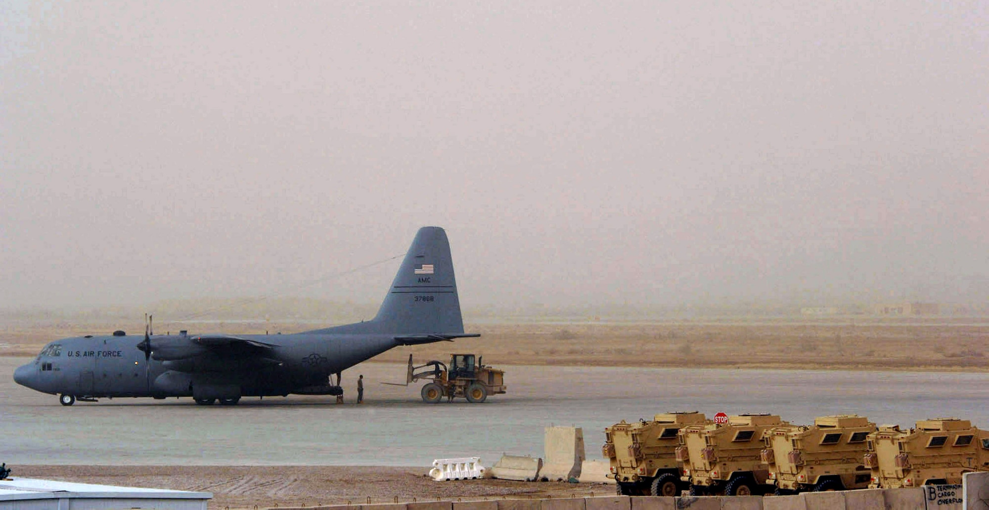 Members of the 447th Air Expeditionary Group unload a baggage pallet from a C-130 Hercules Jan. 21 at Sather Air Base, Iraq. Sather AB is located on the west side of Baghdad International Airport and base Airmen move 6,200 passengers weekly and more than 1,700 tons of cargo weekly. (U.S. Air Force photo/Tech. Sgt. Jeffrey Allen) 
