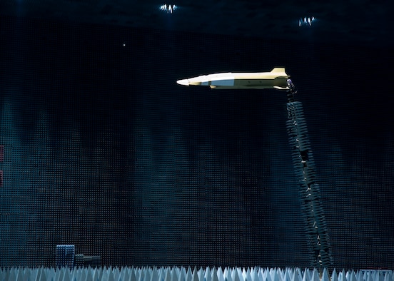 An X-51 Scramjet-Waverider mock-up hangs inside the Benefield Anechoic Facility here during the vehicle's antenna testing. The 412th Test Wing Hypersonic Flight Test Team, Electronic Warfare and Boeing began the month-long testing Jan. 28. (Air Force photo by Mike Cassidy)