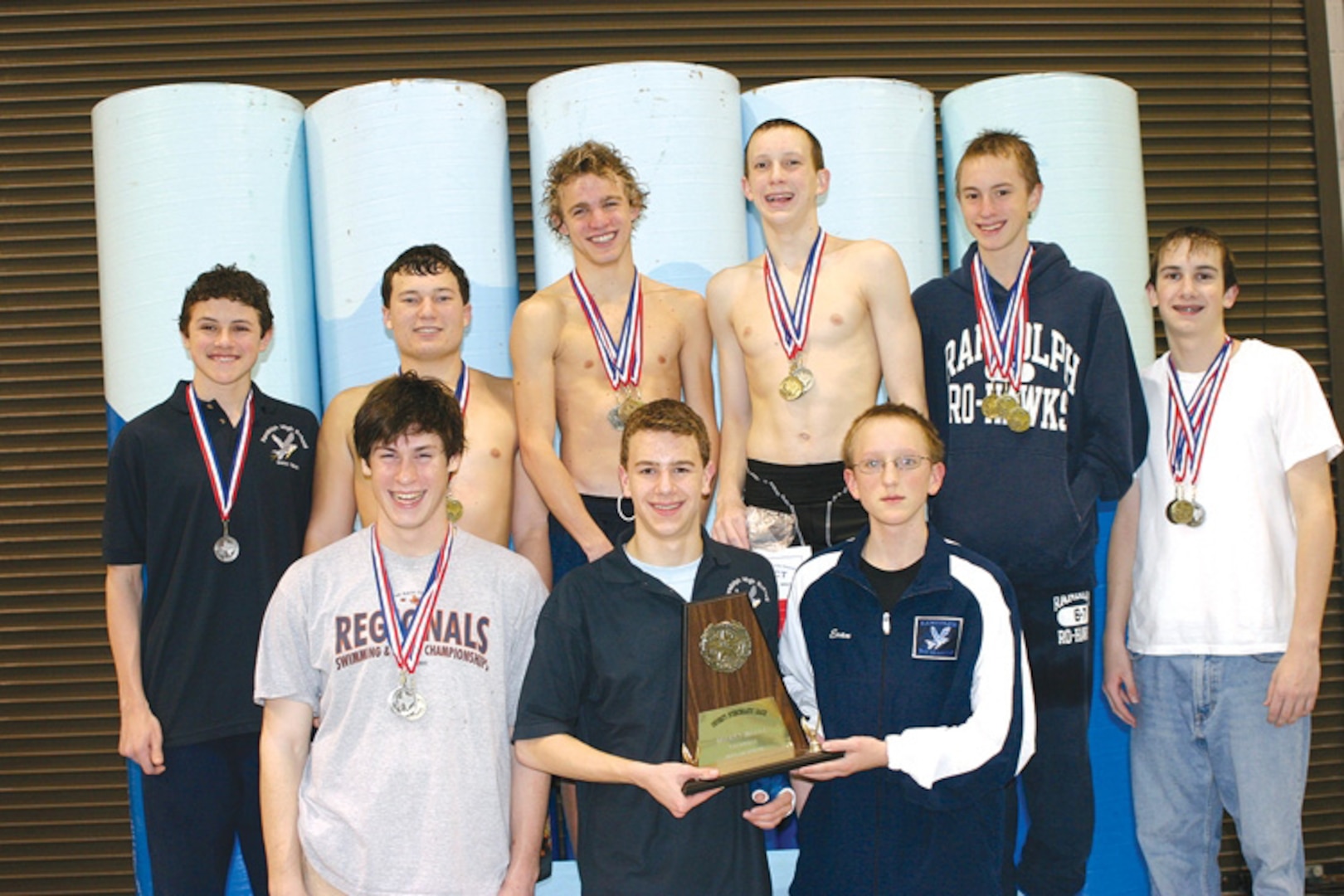 The Randolph High School swim team took home the boys 2008 District 28-4A championship trophy. Pictured are (back row, left to right) David Grieder, Austin Gindhart, John Rippetoe, Cole Gindhart, Stephen Turner and Tyler Rubio (front row, left to right) Ian McNamara, Luke Nickell and Evan Turner. (Photo by Andrea Gindhart)