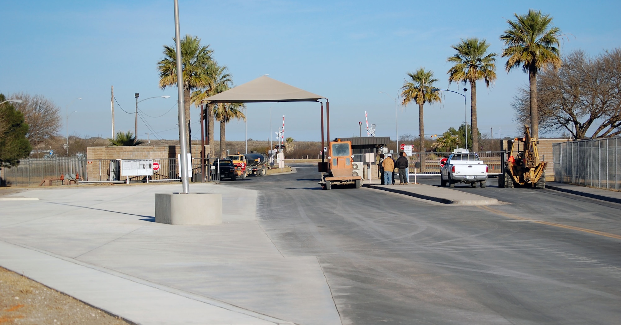 A picture shows the present status of an approximately $200, 000 main-gate construction project going on at Laughlin. According to officials, the project, which is scheduled to be completed in mid-March, will include a larger commercial search area and a new parking expansion. The changes will increase the capability of the guards to perform their duties while minimizing the impact of congestion through the main gate. (U.S. Air Force photo/Airman 1st Class Sara Csurilla)
