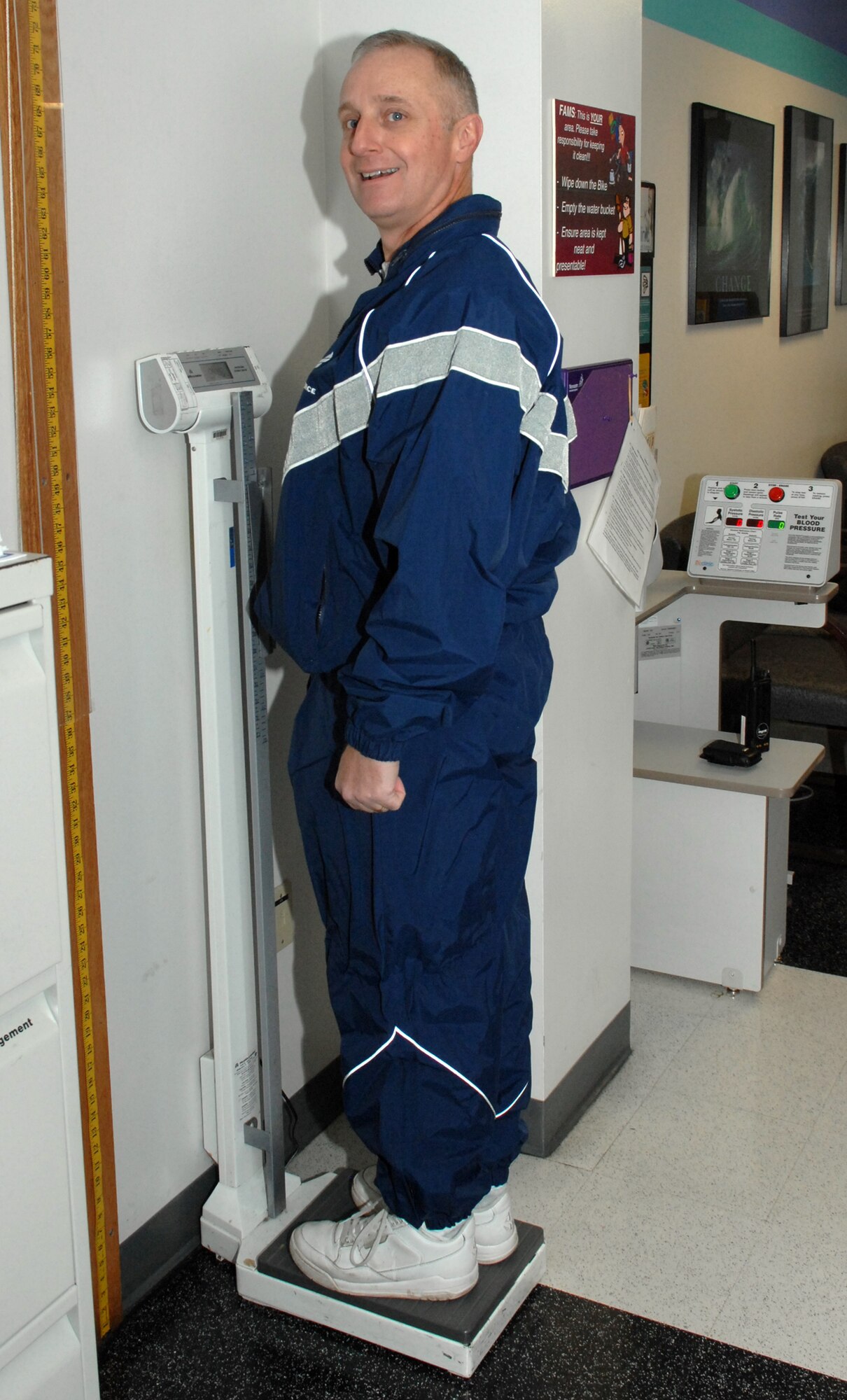 WHITEMAN AIR FORCE BASE, Mo. - Brig. Gen. Garrett Harencak, 509th Bomb Wing commander, weighs-in on his quest to become Whiteman’s Biggest Loser. (U.S. Air Force photo/Airman 1st Class Stephen Linch)