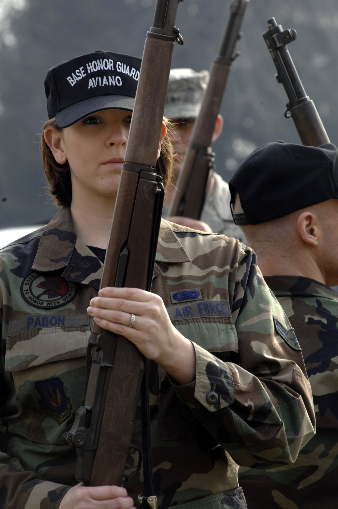 AVIANO AIR BASE, Italy -- Airmen 1st Class Meaghan Pabon practice rifle movements for a firing party at Aviano Air Base, Italy, Jan. 28, 2008.  Aviano Air Base Honor Guard quarterly holds a week long training course to certify new Honor Guard members.  This course allows Airmen to be certified quickly which greatly increases Honor Guard manning. (U.S. Air Force photo/Airman 1st Ashley Wood) 