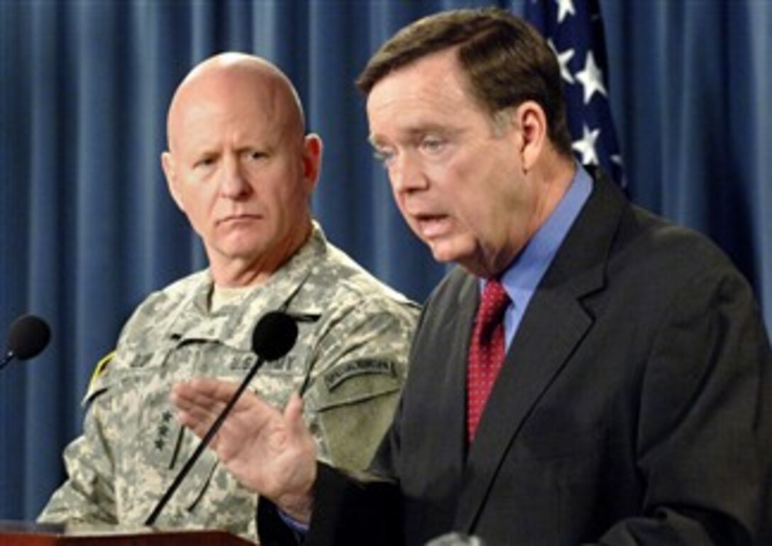 Assistant Secretary of Defense for Homeland Defense Paul McHale, right, and Army Lt. Gen. H. Steven Blum, left, chief of the National Guard Bureau, hold a press conference at the Pentagon, Feb. 1, 2008, to provide their perspectives on the recently released 400-page report by the Commission on the National Guard and Reserves.  