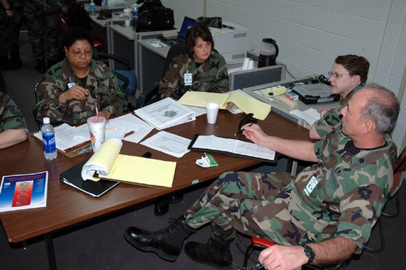 Master Sgt. Rita Herrington, Maj. Michelle Emerson , Lt. Col. Julia Scott, and Lt. Col. Pat Pound, 446th Aeromedical Evacuation Squadron, make up the Aeromedical Command Cell for the Pacific Lifeline exercise.  The command cell provides oversight for all aeromedical operations, the mobile aeromedical staging facility, the aeromedical liaison team, and the aeromedical operations team during the exercise.  Pacific Lifeline is a humanitarian assistance disaster response exercise taking place over three Hawaiian Islands Jan. 26 to Feb. 9.  More than 900 Department of Defense personnel are participating in the exercise. (U.S. Air Force photo/Capt. Jennifer Gerhardt)