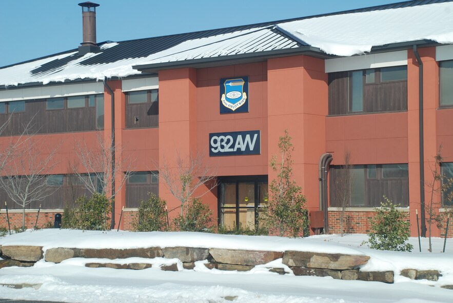 First snowfall of 2008 came over the 932nd Airlift Wing headquarters.  The building is still under renovation until fall of 2008.
