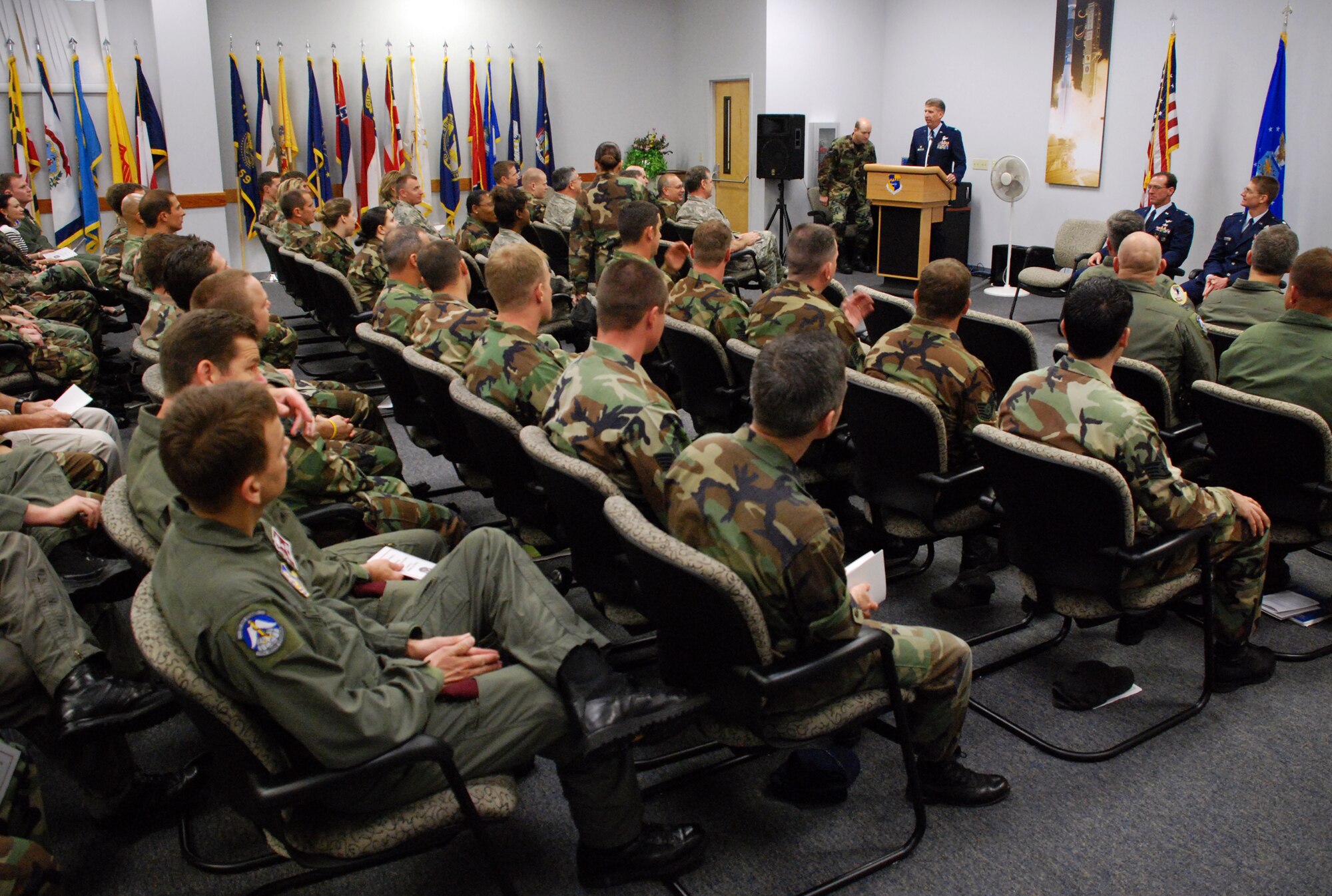 PATRICK AIR FORCE BASE, Fla. -- Reservists from the 920th Rescue Wing gather to witness a change-of-command ceremony held at the professional development center here at 10 a.m. today. Lt. Col. Joel Kinnunen succeeded Lt. Col. Coy Speer as commander of the wing's pararescue squadron. Colonel Kinunnen is a former rescue-helicopter pilot and comes to Patrick from one of the wing's geographically-separated units at Portland, Ore. Colonel Speer is retiring after 20 years of service to teach science at a high school in Arizona. (U.S. Air Force photo/Staff Sgt. Paul Flipse)