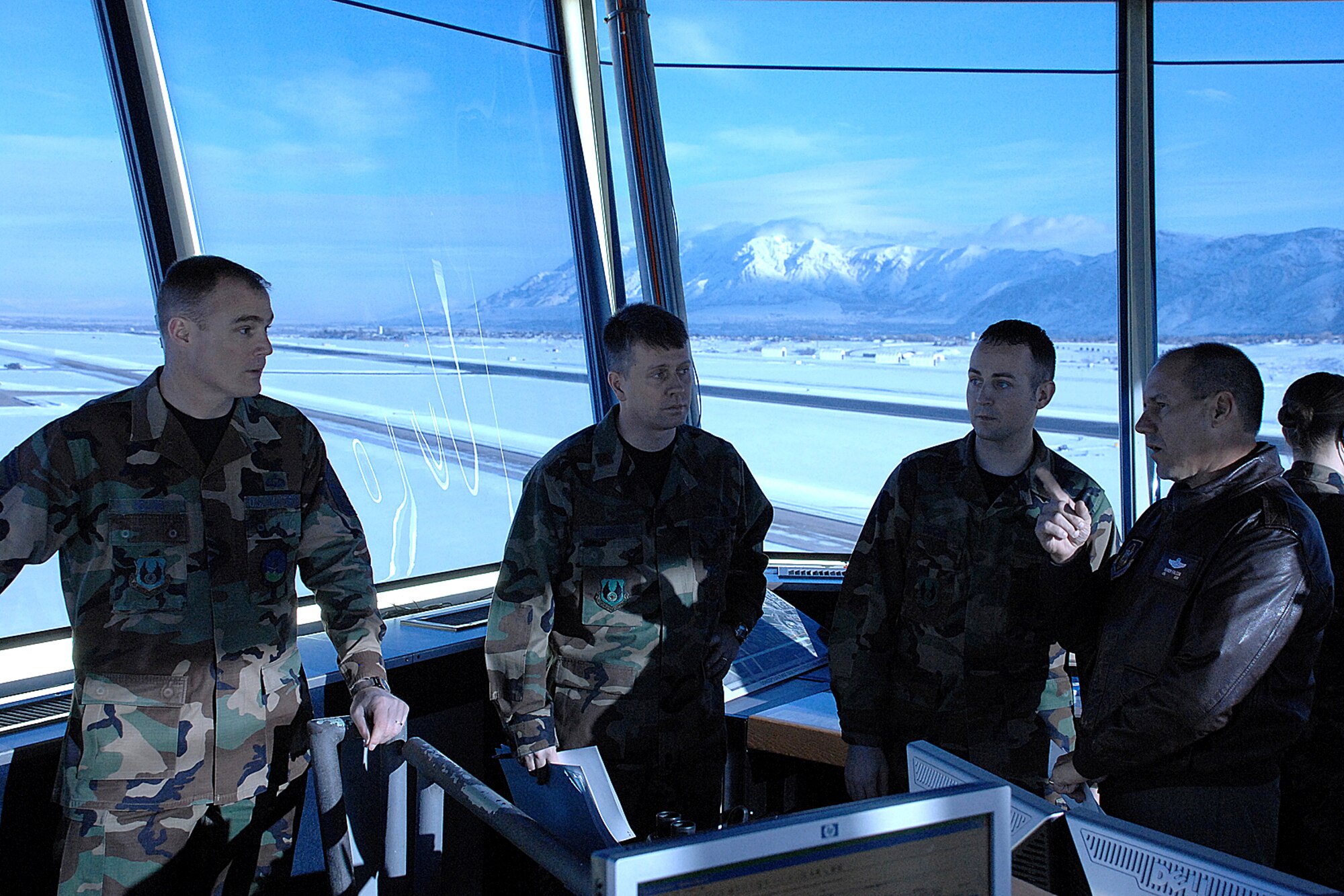 Col. Randall Falcon, IEA Team member and 482nd Fighter Wing commander, Homestead Air Reserve Base, Fla., receives a tour of the air traffic control tower at the Hill AFB flightline. The inspection team visited Hill AFB for three days looking at everything from base services to maintenance work. (U.S. Air Force photo by Alex R. Lloyd)