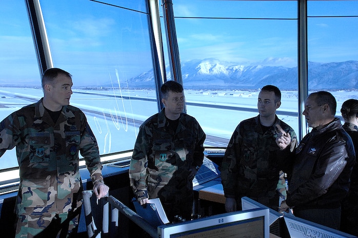 Col. Randall Falcon, IEA Team member and 482nd Fighter Wing commander, Homestead Air Reserve Base, Fla., receives a tour of the air traffic control tower at the Hill AFB flightline. The inspection team visited Hill AFB for three days looking at everything from base services to maintenance work. (U.S. Air Force photo by Alex R. Lloyd)