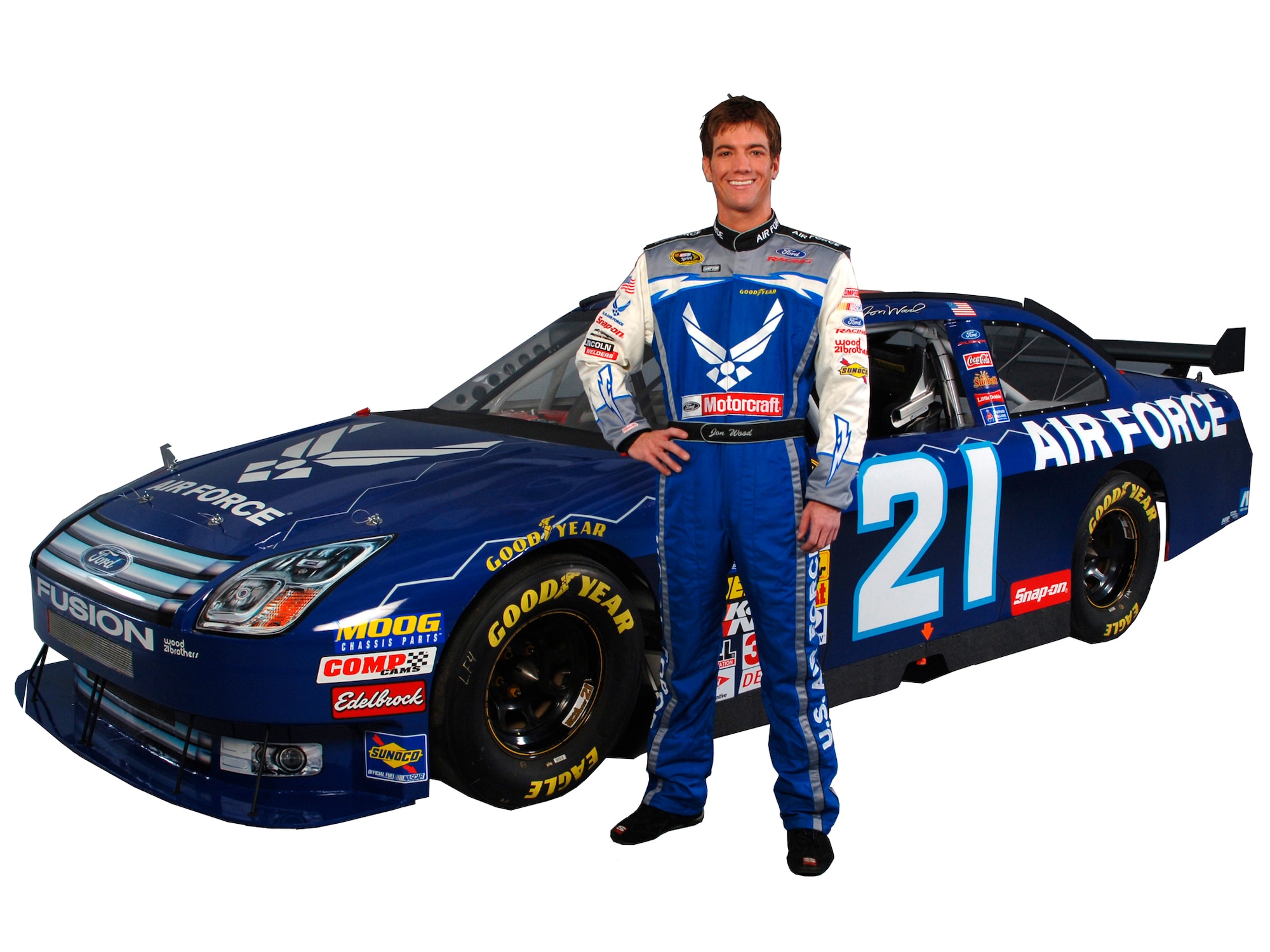 Air Force NASCAR Driver, Jon Wood, and the new paint scheme on the No. 21 Ford Fusion he'll pilot throughout the 2008 Sprint Cup race season, starting at the Bud Shootout on Feb. 9 in Daytona.  (Air Force photo/Master Sgt. Scott Reed)