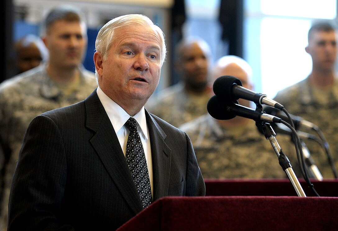 Defense Secretary Robert M. Gates addresses the audience during the promotion ceremony of Army Col. Mark Milley to the rank of brigadier general on Fort Campbell, Ky. Feb. 1, 2008. 