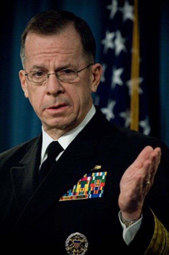 Chairman of the Joint Chiefs of Staff Adm. Mike Mullen, U.S. Navy, responds to a reporter's question during a press briefing in the Pentagon on Feb. 1, 2008.  