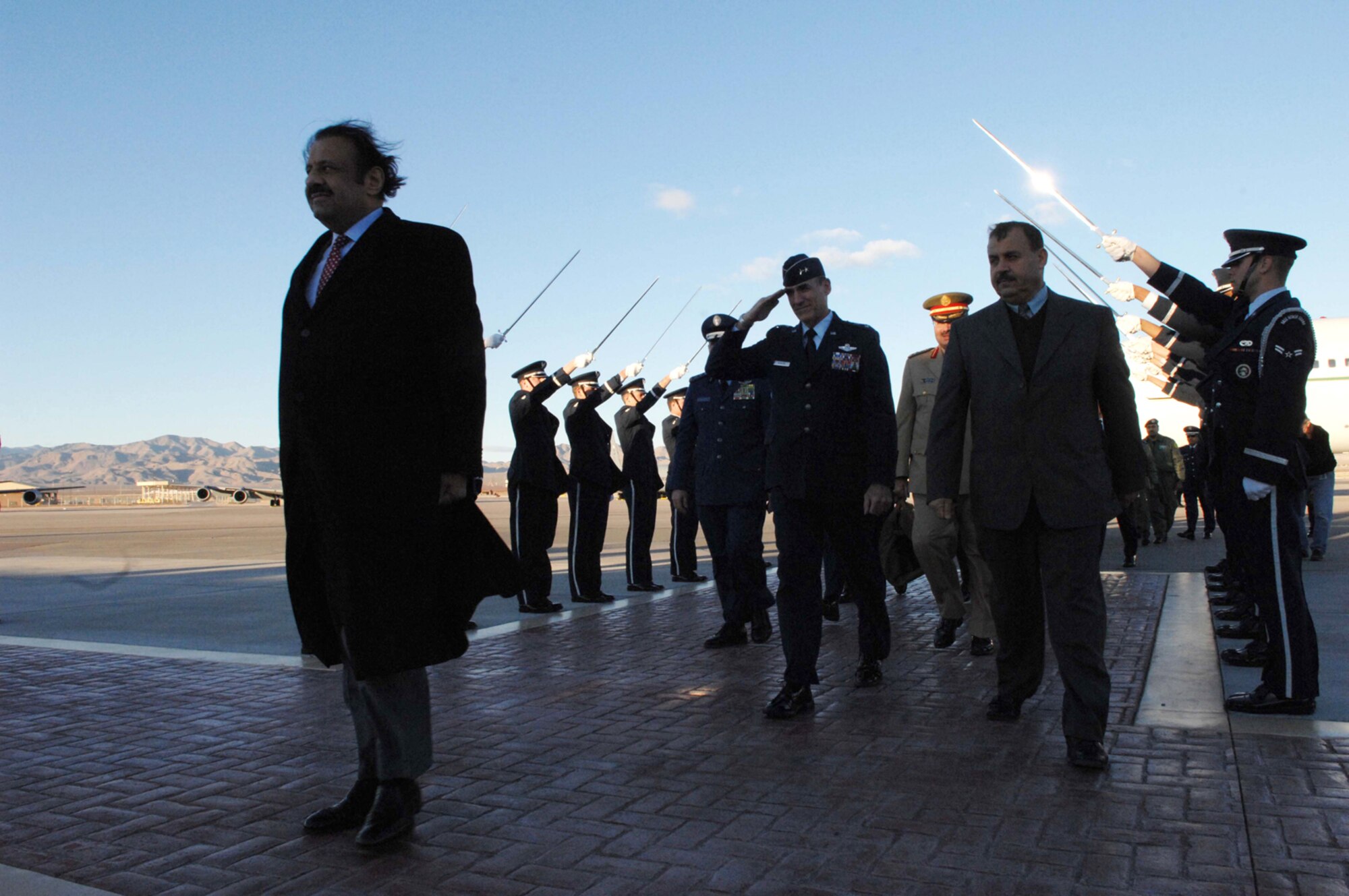 NELLIS AIR FORCE BASE, Nev.—His Royal Highness Prince Khalid bin Abdul Aziz Al-Saud, stands at the end of a ceremonial cordon during his arrival here Feb. 4. The prince, who is the Assistant Minister of Defense and Aviation for Military Affairs, arrived at Nellis to observe the Royal Saudi air force's participation during the ongoing Red Flag exercise. (U.S. Air Force photo by Senior Airman Larry E. Reid Jr.)
