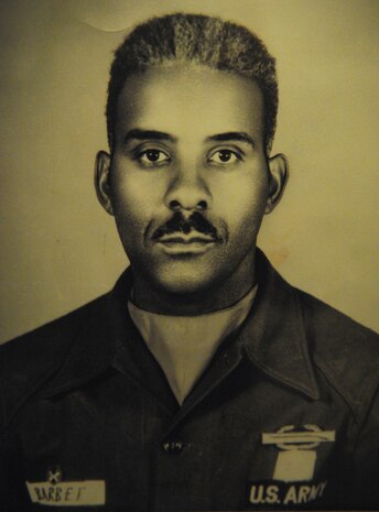 Retired Army Master Sgt. Frank Barbee appears in an official Army photograph circa 1950 during his enlistment. Barbee, 87, spent 40 years in the Army and now volunteers his time at the Nellis AFB Commissary. (Courtsey photo)