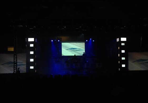 SEDALIA, Mo. – Tops in Blue perform “The Fly-By,” a musical tribute to 60 years of proud Air Force history at the Mathewson Exhibition Center at the Missouri State Fairgrounds Jan. 31.  (U.S. Air Force photo/Airman 1st Class Stephen Linch)