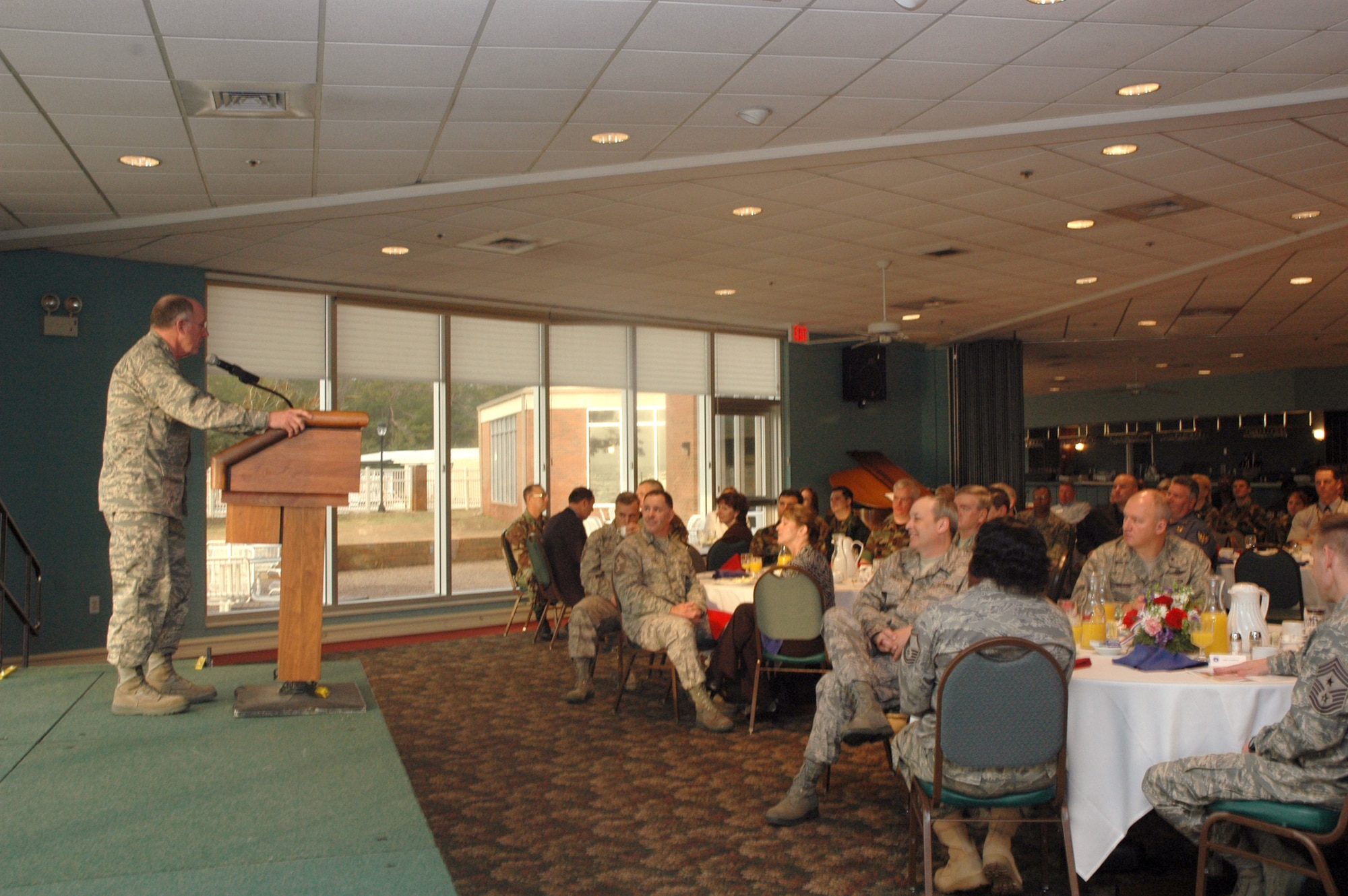 EGLIN AIR FORCE BASE, Fla. -- Chaplain (Maj. Gen.) Charles Baldwin, Air Force Chief of Chaplains, speaks to about 200 people gathered for the Eglin National Prayer Breakfast observance Feb. 6 at the officers' club. The Prayer Breakfast brings together leadership to affirm the moral and spiritual values upon which the Nation is founded. (U.S. Air Force photo by Staff Sgt. LuCelia Ball)
