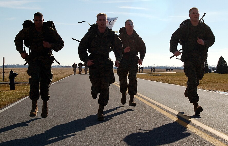 Two teams of Marines from Marine Barracks Washington, also known as "8th & I," participated in the 436th Security Forces Squadron sponsored 9th Annual Ruck March, Feb. 2 at the Air Mobility Museum here. One of the teams of Marines, from the oldest active post in the Marine Corps, took second place in the Ruck March, which commemorated Veterans of the Korean War Battle of Chosin Reservoir. The second-place team completed the 6.1 mile course in 1 hour, 4 minutes and 58 seconds. (U.S. Air Force photo/Airman 1st Class Shen-Chia Chu)