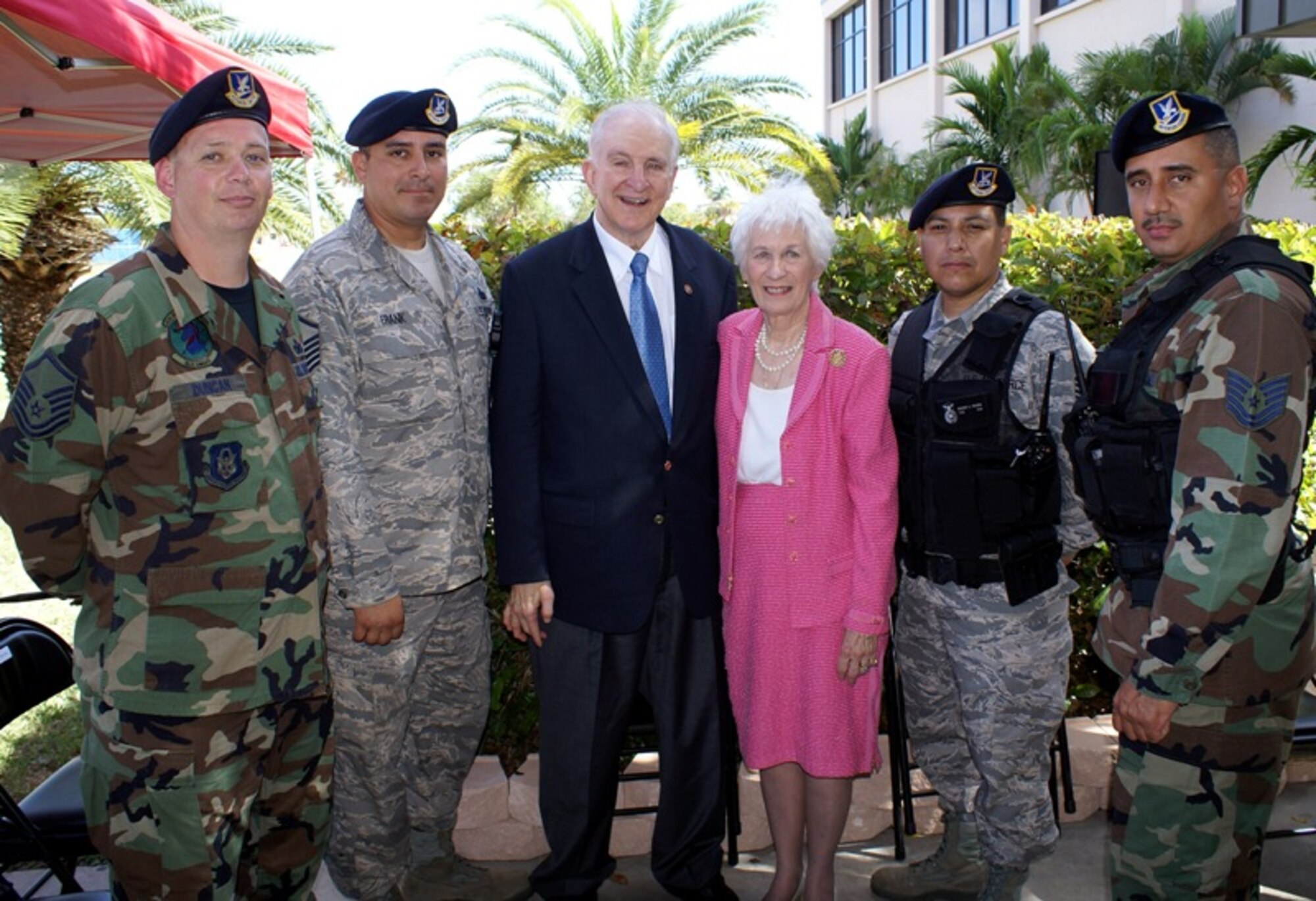 U.S. Congressman Sam Johnson and his wife meet with members of the 482nd Security Forces Squadron after the dedication ceremony renaming the base fitness center as the “Sam Johnson Fitness Center” in honor of Congressman Johnson on Feb. 4. Servicemembers, elected officials and prominent members of the community filled the audience in front of the Sam Johnson Fitness Center for a tribute to the highly decorated Air Force fighter pilot who flew combat missions in both the Korean and Vietnam Wars and spent nearly seven years as a Prisoner of War in Hanoi. (U.S. Air Force photo/Tim Norton)