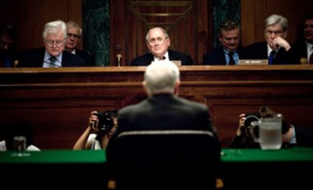 Defense Secretary Robert M. Gates answers questions from Sens. Edward M. Kennedy, left, Carl Levin, and John W. Warner, during a Senate Armed Services Committee hearing on the fiscal 2009 defense budget and supplemental funding requests for the global war on terror, Feb. 6, 2008.