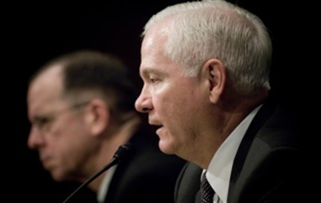 Defense Secretary Robert M. Gates and Navy Adm. Michael G. Mullen, chairman of the Joint Chiefs of Staff, testify before the Senate Armed Services Committee regarding the Defense Authorization Request for 2009 and continuing funding for Iraq and Afghanistan operations, Feb. 6, 2008.