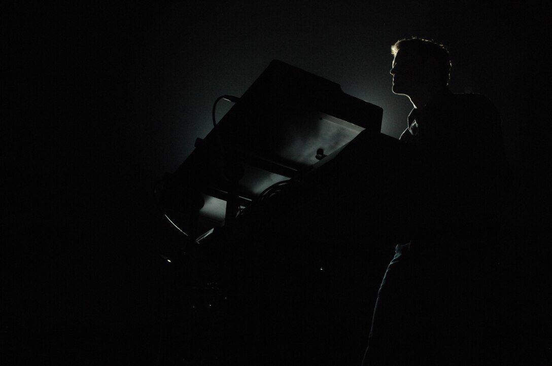 Benjamin Lewis of the Lt. Dan Band plays the keyboard for the United Service Organizations entertainment tour at Ellsworth Air Force Base, S.D., Feb. 1, 2008. The private concert for Ellsworth Airmen and their families is the first this year in the series of stateside USO tours. (U.S. Air Force photo/Airman 1st Class Joshua Seybert) 
