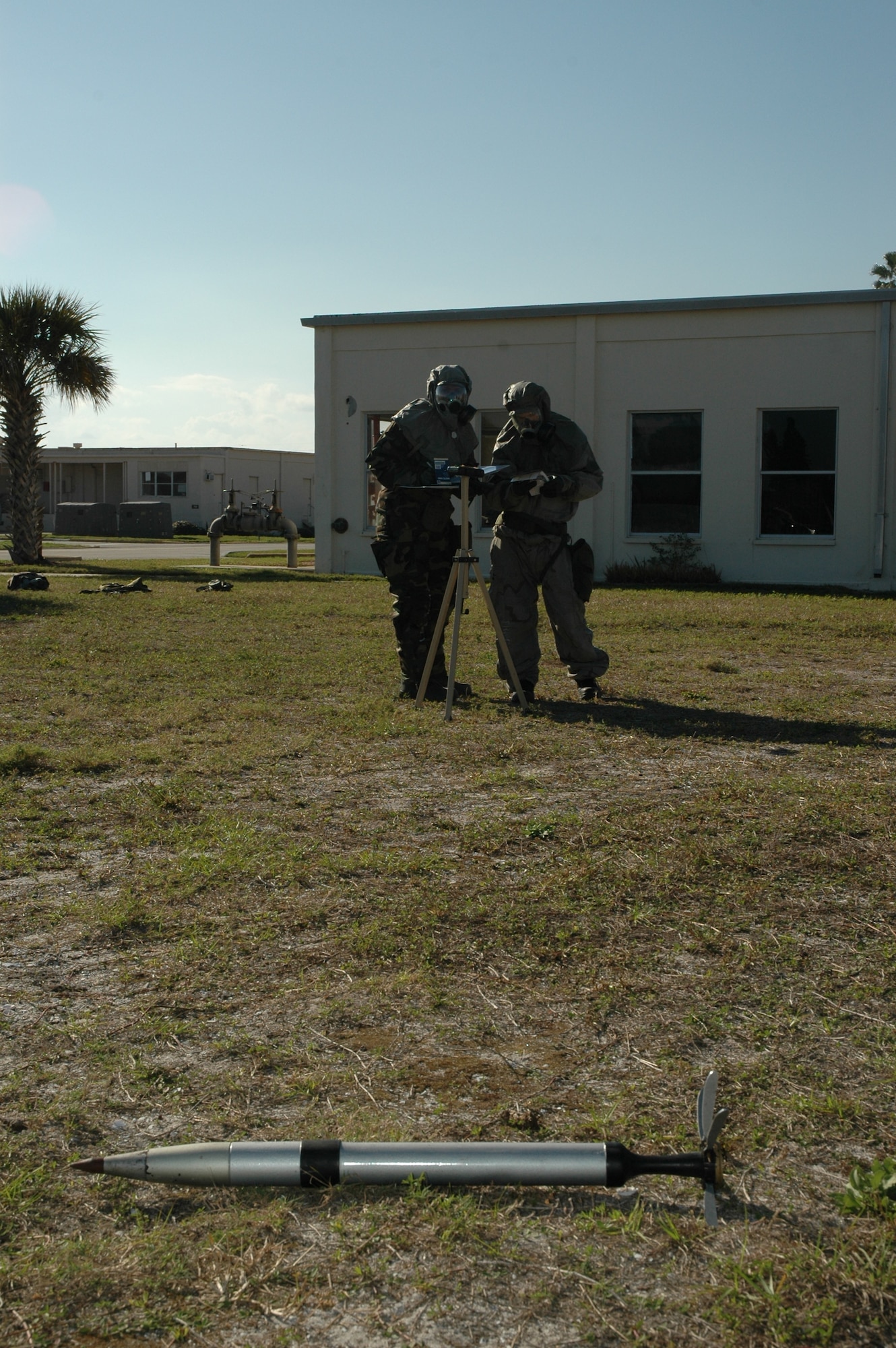 Students from the 45th Medical Group identify a mock UXO during CBRNE training Feb. 4. (U.S. Air Force photo by Airman David Dobrydney)
