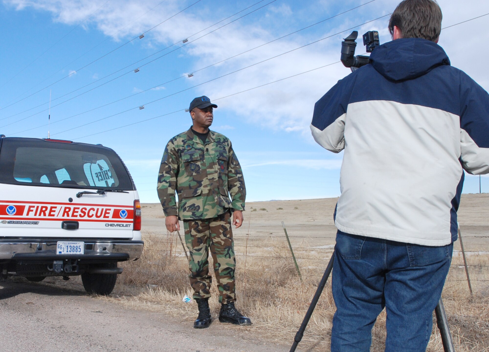 Chief Master Sgt. Gerrord Stevenson, 21st Civil Engineer Squadron fire chief, speaks with Colorado Springs media Feb. 7 on why Airmen responded to an off-base fire-related incident Feb. 7. Firefighters from Peterson Air Force Base, Colo., and the Colorado Springs Fire Department responded to a fire-related incident at a fueling terminal east of the city. Peterson has several mutual aid agreements with the city of Colorado Springs to support emergency responder situations if asked by local officials. (U.S. Air Force photo/Senior Airman Stephen Collier)
