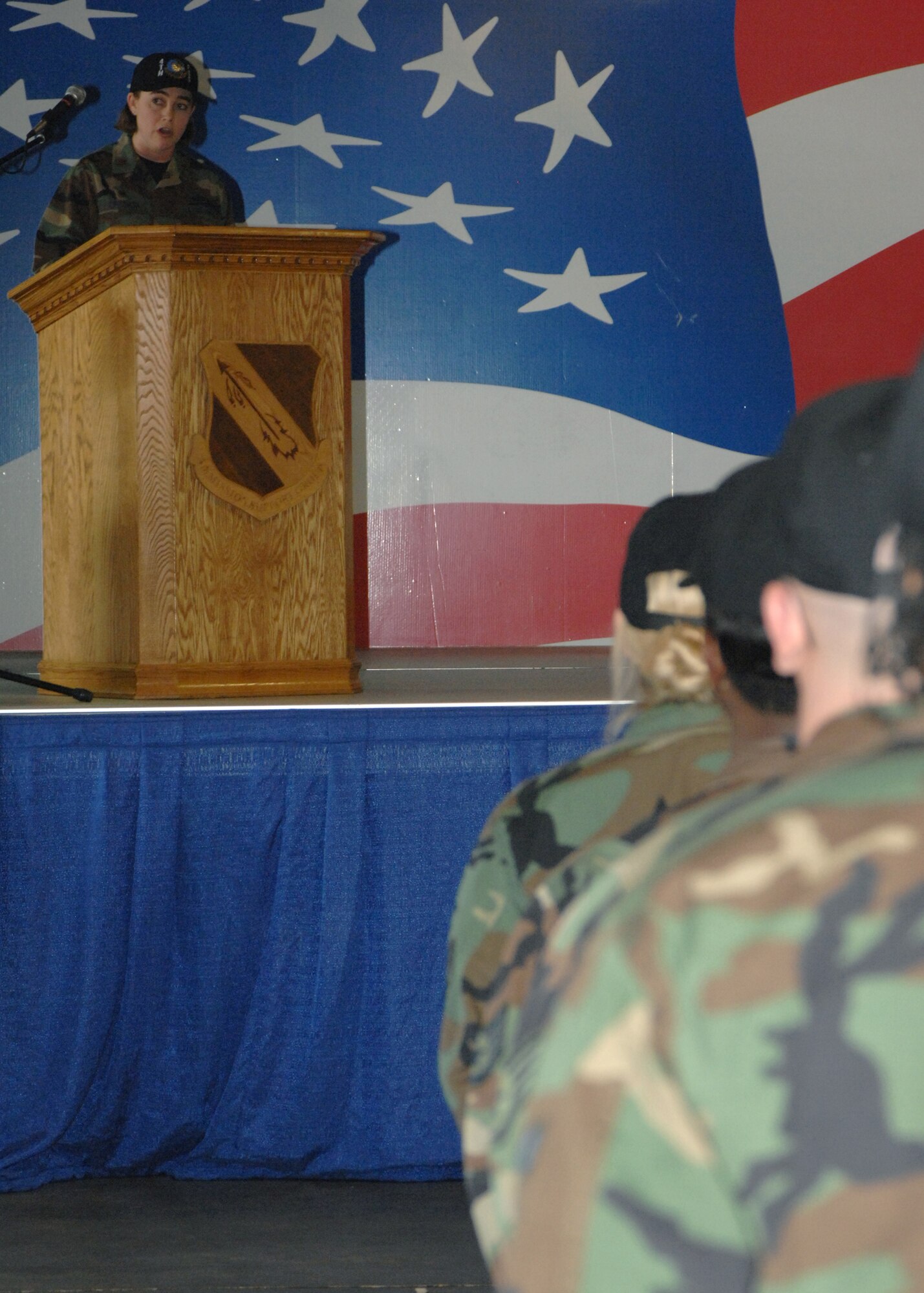 Major Tammy Trychon, Commander, 4th Force Support Squadron, talks about expectations and the future for the 4th Force Support Squadron during the 4th Force Support Squadron Activation Ceremony at Seymour Johnson Air force Base, Goldsboro, North Carolina. The 4th Force Support Squadron is the merge of the 4th Services Squadron and the 4th Mission Support Squadron. (U.S. Air Force photo by Airman First Class Jonathon Williams)(released)