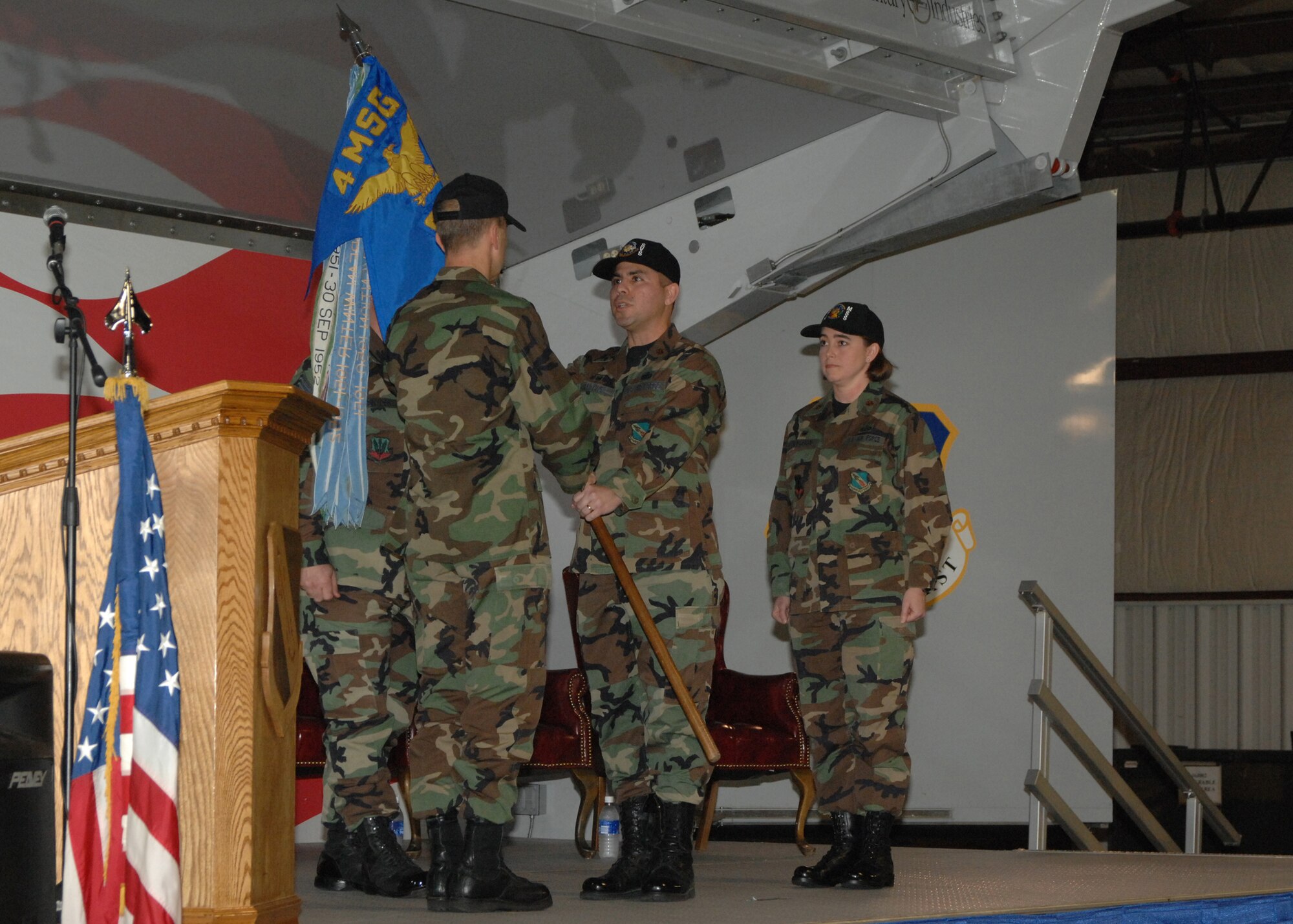 Major Fernando Martinez, Commander, 4th Services Squadron, Seymour Johnson Air Force Base, Goldsboro, North Carolina, relinquishes command of the 4th Services Squadron as part of the activation of the 4th Force Support Squadron on February 4, 2008 at Seymour Johnson Air Force Base, Goldsboro, North Carolina. The 4th Force Support Squadron is the merge of the 4th Services Squadron and the 4th Mission Support Squadron. (U.S. Air Force photo by Airman First Class Jonathon Williams)(released) 