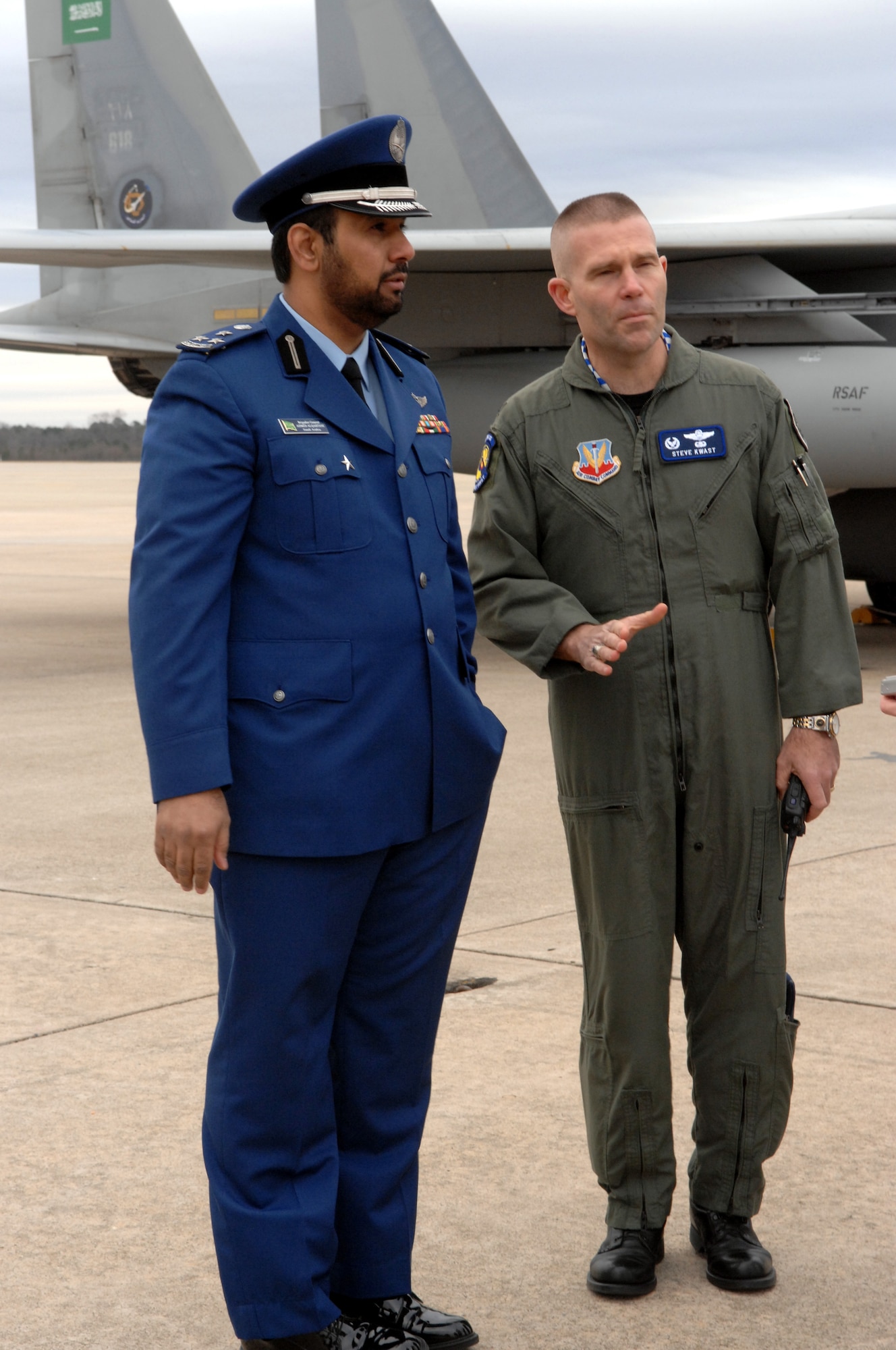 4th Fighter Wing Commander, Colonel Steven L. Kwast greets Brigadier General Ahmed Alqahtani from the Royal Saudi Air Force on January 31, 2008, Seymour Johnson AFB, North Carolina.  The Royal Saudi Air Force passes through Seymour Johnson AFB, to participate in Red Flag at Nellis, AFB, Las Vegas.  

(US Air Force photo by Airman First Class Salma Din)(Released)
