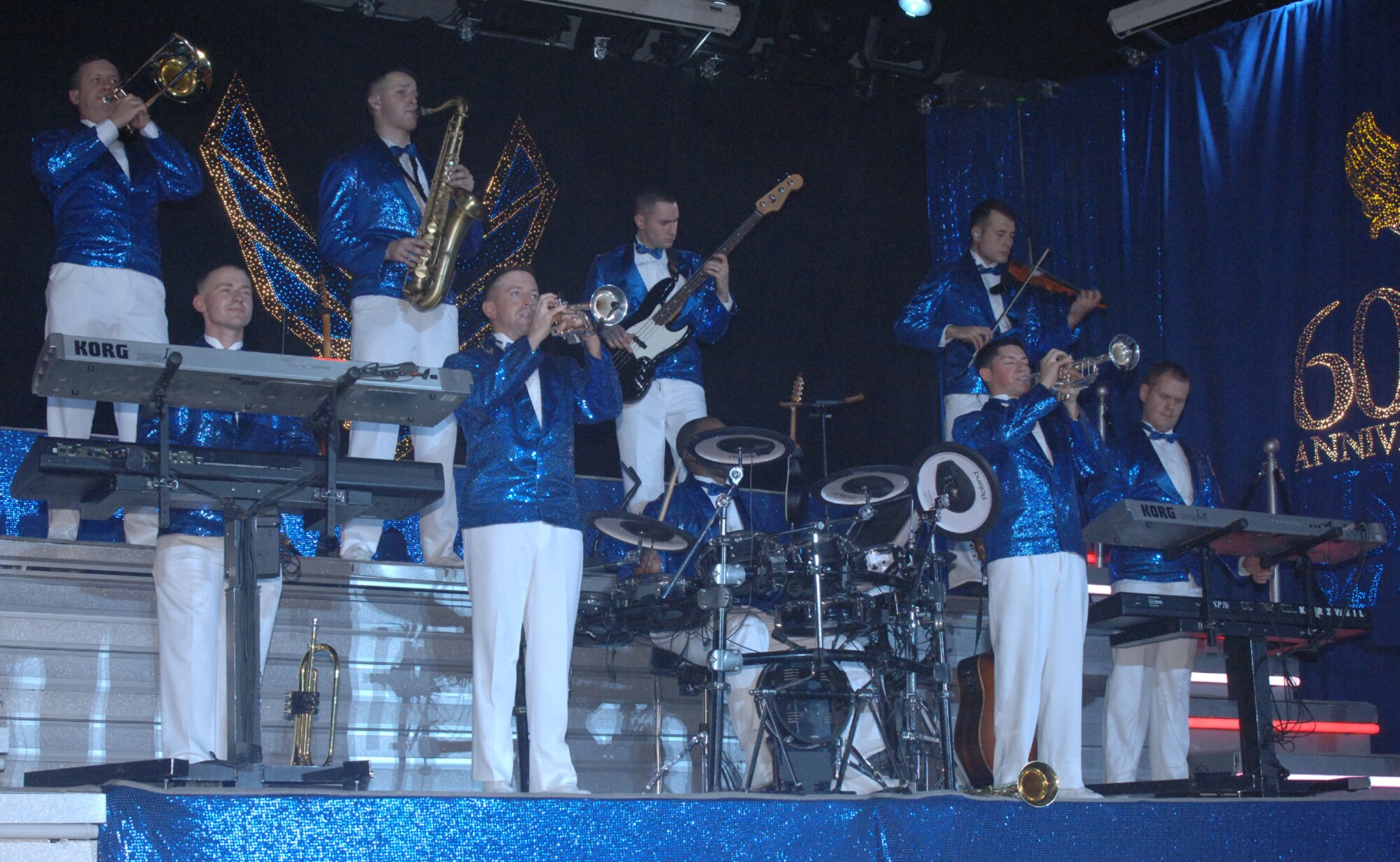 The Tops in Blue band performs for a packed crowd Monday night at the Rent Auditorium on the campus of the Mississippi University for Women. (U.S. Air Force photo by Elizabeth Owens)