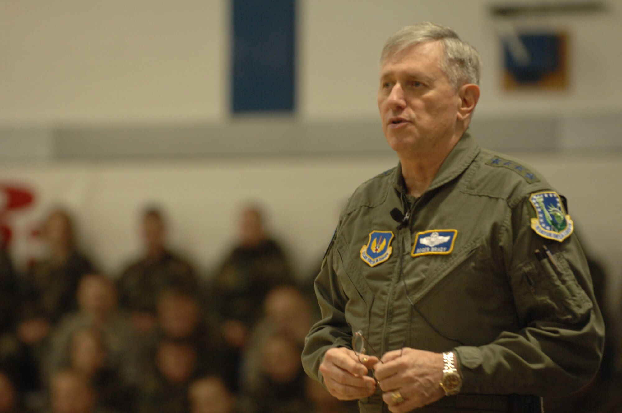 The new USAFE commander, Gen. Roger A. Brady, spoke to hundreds of Liberty Warriors Feb. 1 at RAF Lakenheath, England. During his first visit to the U.K. as USAFE commander, General Brady gave Airmen a thumbnail view of how USAFE and Lakenheath fit into the Air Force mission. (U.S. Air Force photo by Airman 1st Class John Easterling)
