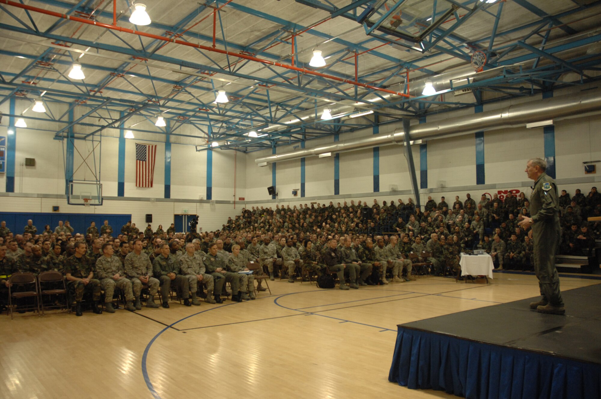 The new USAFE commander, Gen. Roger A. Brady, spoke to hundreds of Liberty Warriors Feb. 1 at RAF Lakenheath, England. During his first visit to the U.K. as USAFE commander, General Brady gave Airmen a thumbnail view of how USAFE and Lakenheath fit into the Air Force mission. (U.S. Air Force photo by Airman 1st Class John Easterling)
