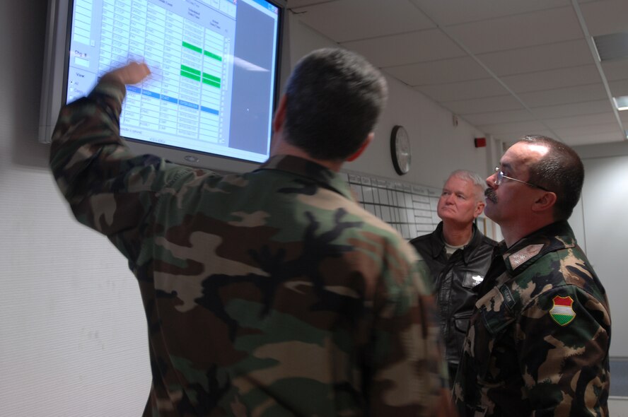 Lieutenant Col. Peter Tremblay, 435th Logistics Readiness Squadron commander (left), explains to Lt. Gen. Laszlo Tombol, Hungarian Joint Forces Command commander, the Joint Mobility Processing Center mission screen during a tour of the JMPC Feb. 6, at Ramstein. Photo by Airman 1st Class Kenny Holston