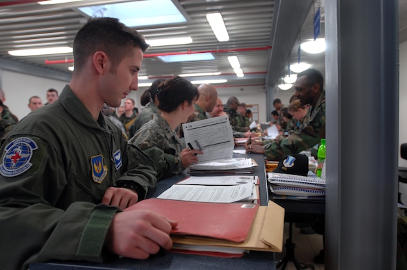 Senior Airman Chance Medley, 86th Aeromedical Evacuation Squadron air evacuation technician, goes through the Joint Mobility Processing Center before deploying. Photo by Airman 1st Class Kenny Holston