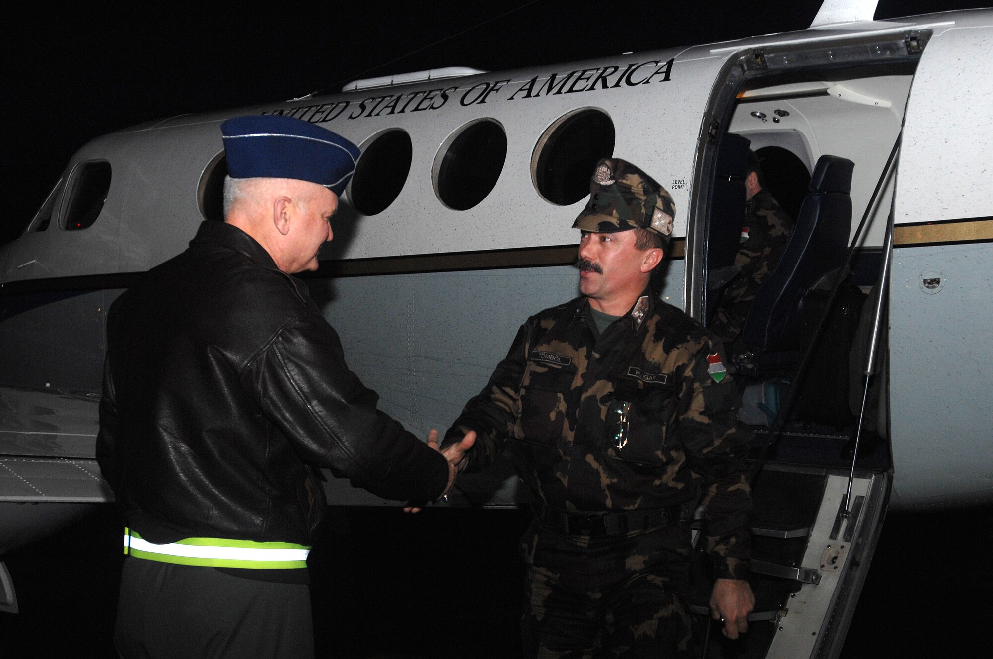 Lieutenant Gen. Rod Bishop, 3rd Air Force commander (left), greets Lt. Gen. Laszlo Tombol, Commander Hungarian Joint Forces Command, Feb 5, on the Ramstein flightline. Gen Bishop and the 3rd Air Force played host to the Hungarian general and discussed important topics helping both countries make head way on the war on terror. (U.S. Air Force Photo/Airman 1st Class Kenny Holston)