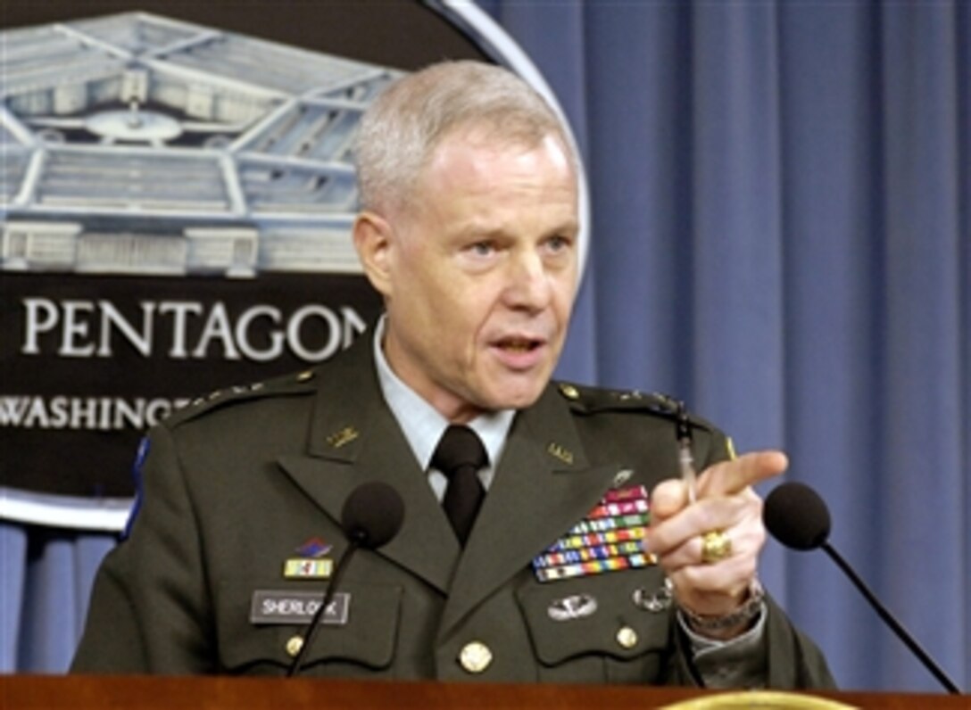 Army Maj. Gen. Richard Sherlock, deputy director for operational planning, The Joint Chiefs of Staff, provides reporters with an operational update in the Pentagon, Feb. 7, 2008.  