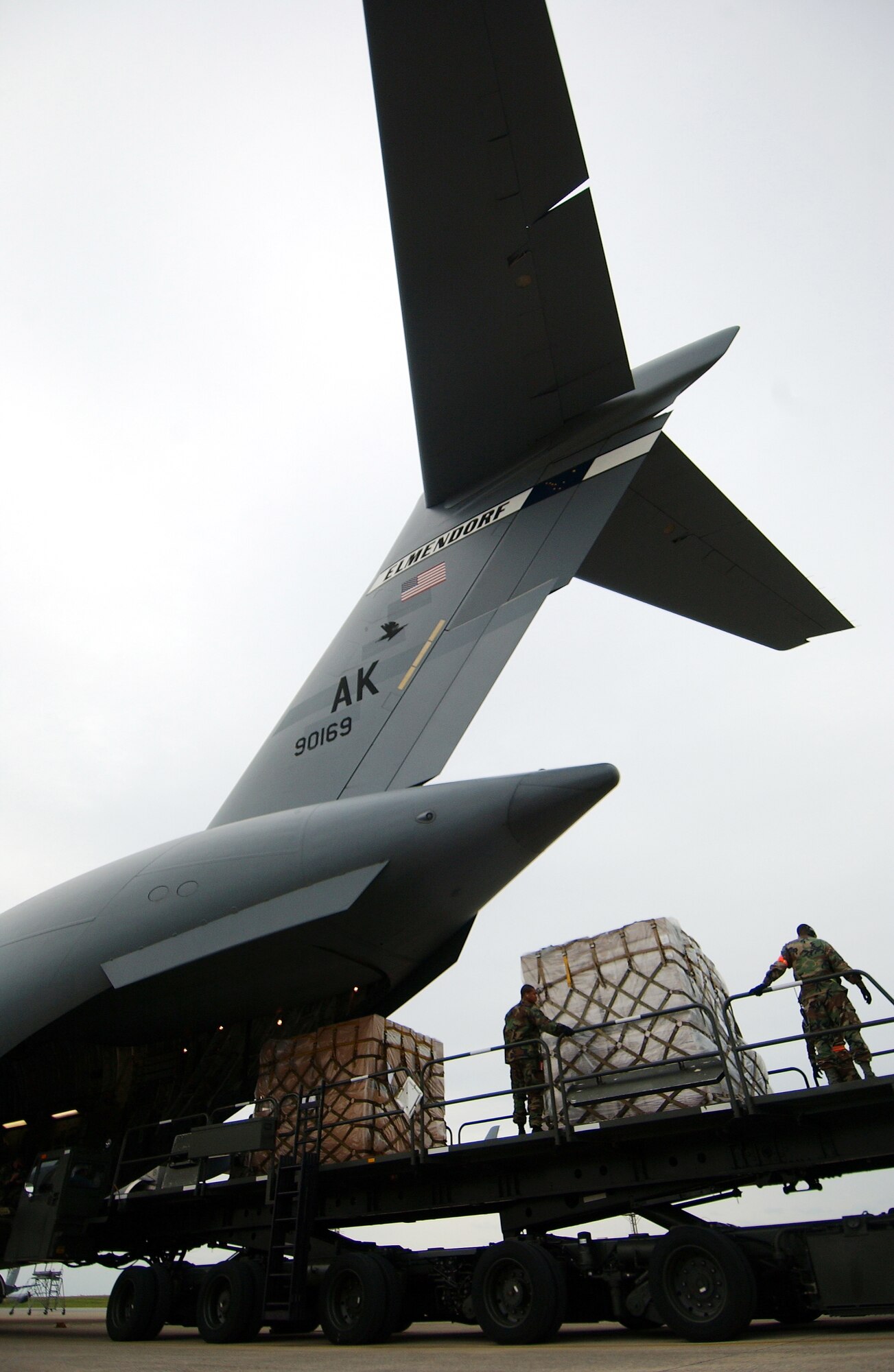 KADENA AIR BASE, Okinawa -- Airmen from the 733rd Air Mobility Squadron load cargo onto a C-17 Globemaster III from Elmendorf Air Force Base, Alaska.  The 733rd AMS loaded medical supplies, food rations and cold weather gear onto this C-17 and another from Hickam Air Force Base, Hawaii, bound for China.  Recently, 19 Chinese provinces experienced the most severe winter storms in 50 years, imposing severe hardships on millions of Chinese citizens.  U.S. Pacific Command coordinated the delivery of the humanitarian supplies to People’s Liberation Army at Shanghai International Airport, China. (U.S. Air Force photo/Tech. Sgt. Rey Ramon)
