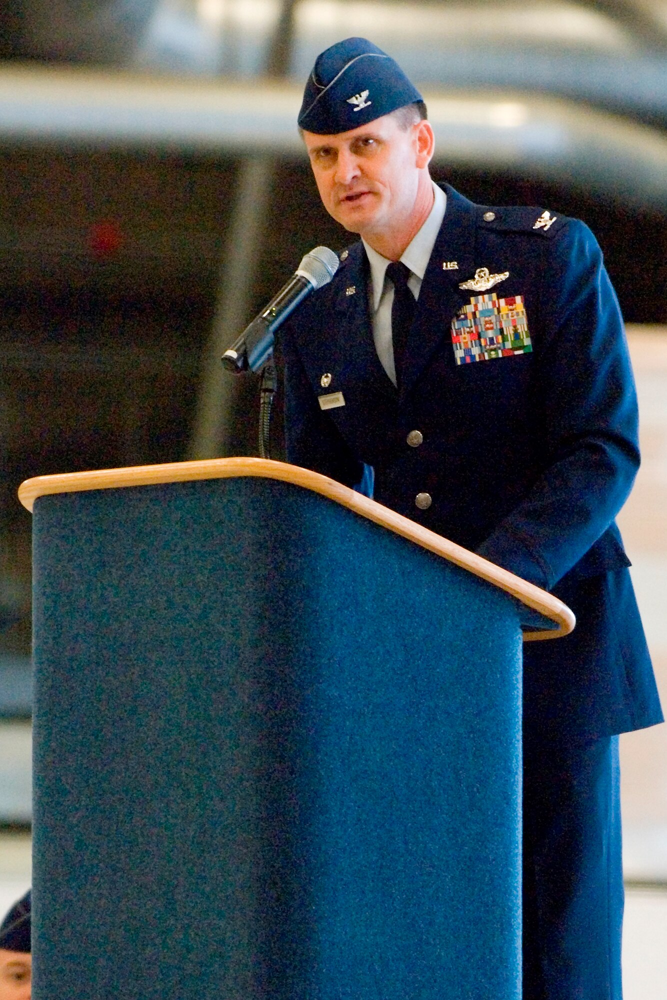Col. Jeffrey Stephenson, 62nd Airlift Wing commander, addresses Team McChord at last month's change-of-command ceremony.