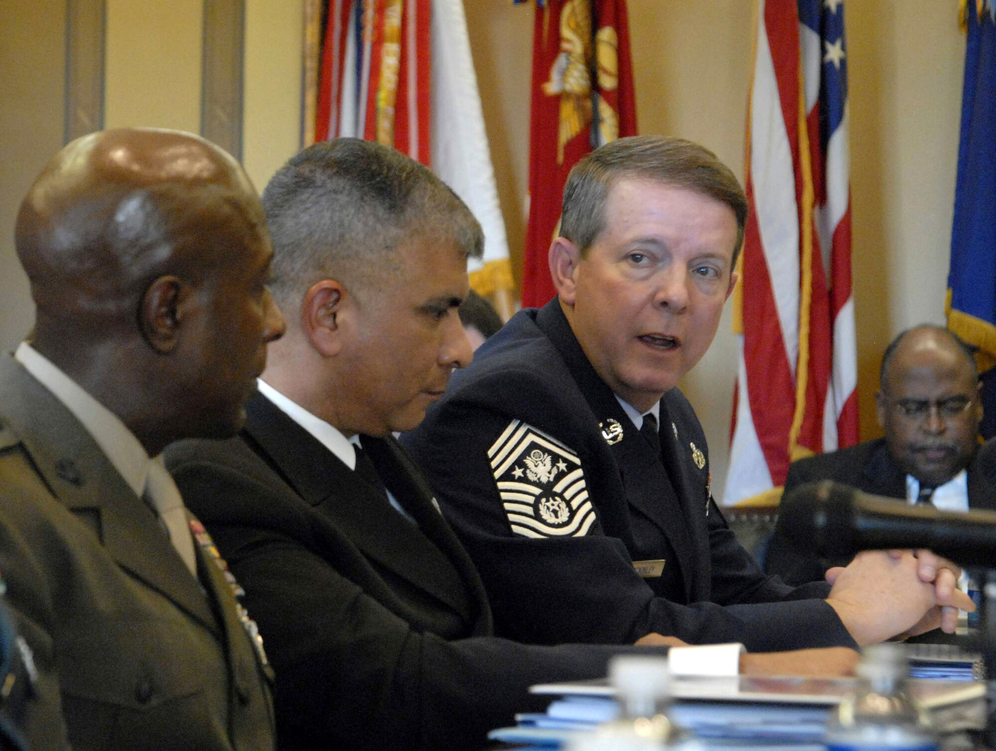Chief Master Sgt. of the Air Force Rodney J. McKinley answers questions on healthcare during his testimony at the Capitol Building Feb. 7 in Washington, D.C. The House Appropriations Subcommittee on Military Construction and Veterans Affairs held the hearing to discuss military quality of life issues. (U.S. Air Force photo/Tech. Sgt. Cohen A. Young)
