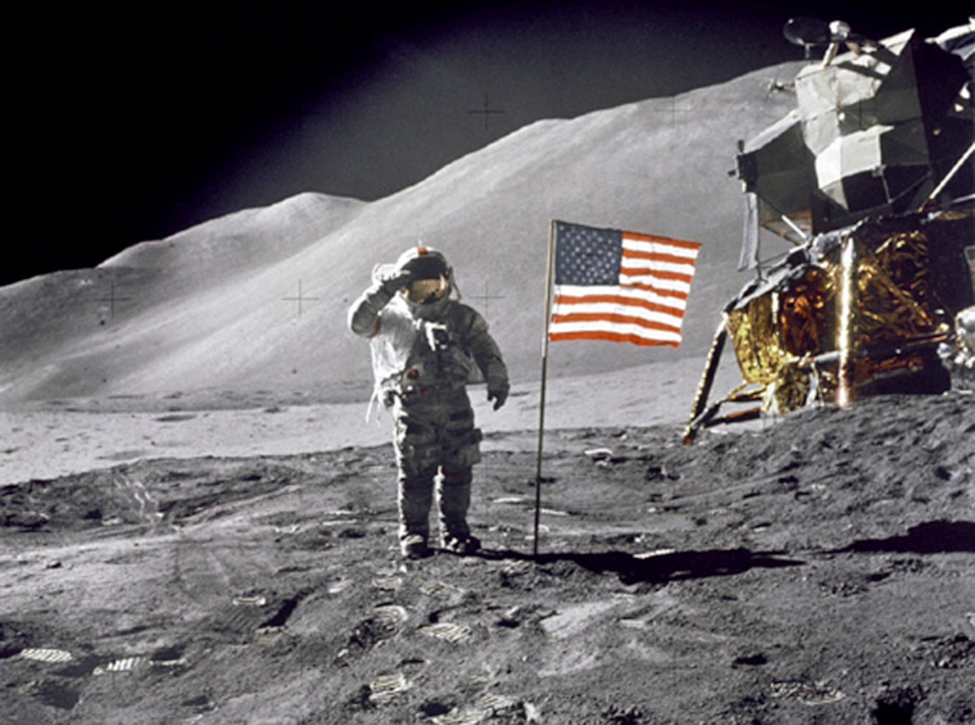 Air Force astronaut David R. Scott salutes the flag during Apollo 15 mission. Only 12 humans have walked on the moon, and NASA is currently looking for astronaut candidates who will have the opportunity to build a base there. (NASA photo) 
