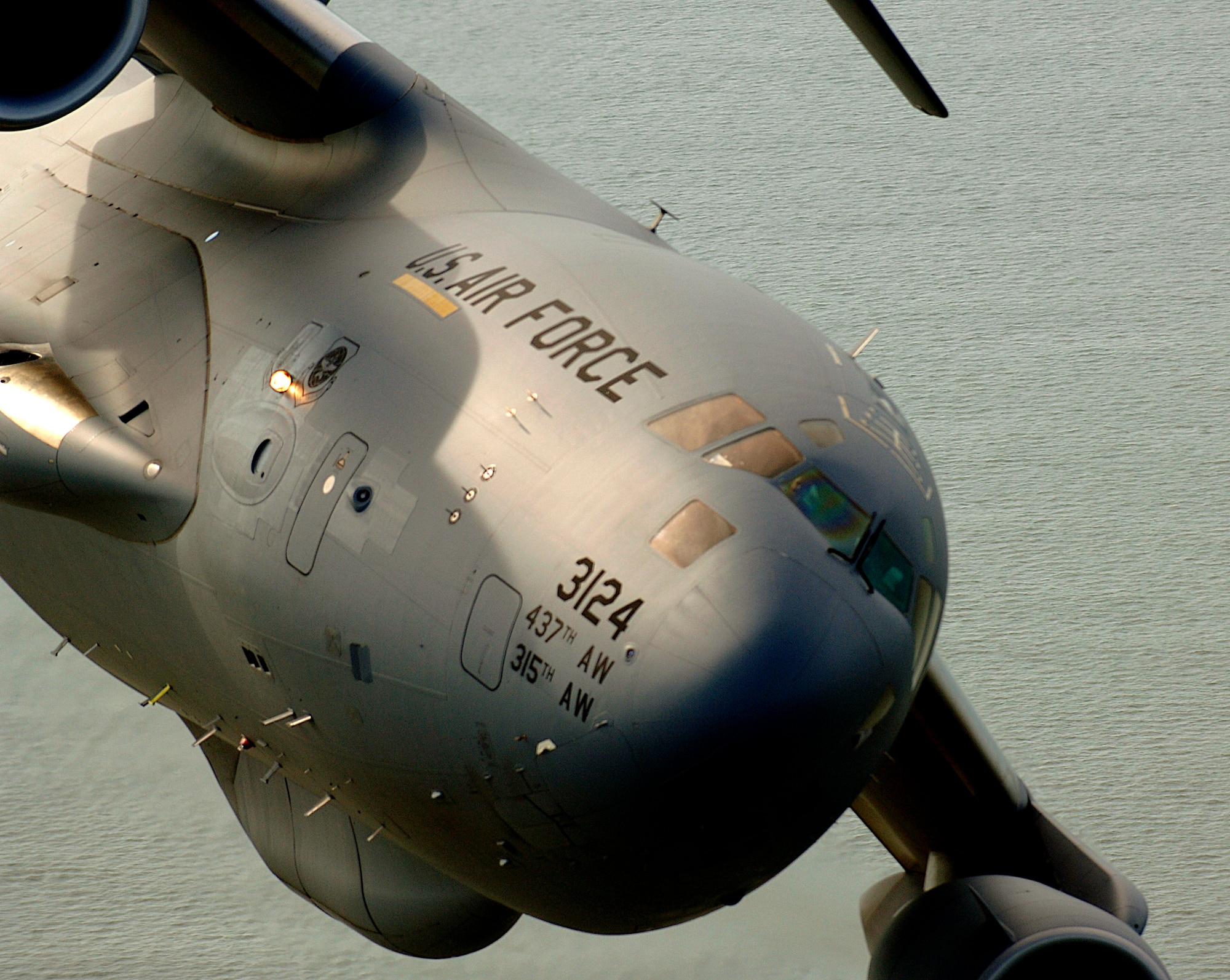 A C-17 Globemaster III from the 14th Airlift Squadron, Charleston Air Force Base, S.C., banks over the Atlantic Ocean while on a local training mission, May 16, 2006. (U.S. Air Force photo/Tech. Sgt. Russell E. Cooley IV)