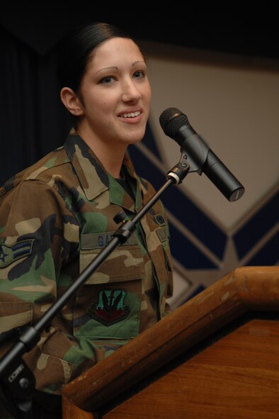 Airman 1st Class Sabrina Garcia, 49th Logistics Readiness Squadron, reads verses from the Torah during the National Prayer Breakfast Feb. 7, 2008, on Holloman Air Force Base, N.M. The National Prayer Breakfast offered the opportunity for people to gather and recognize individual faiths. (U.S. Air Force photo/Airman 1st Class Jamal D. Sutter)