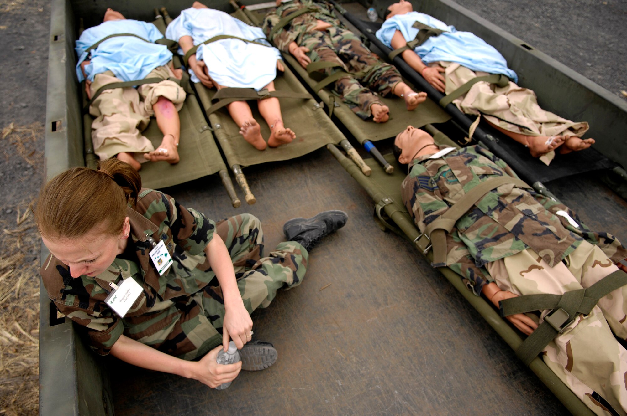 A walking patient waits to be processed during Exercise Pacific Lifeline Feb. 5 at Kona International Airport, Hawaii. Pacific Lifeline is a total force exercise staging from three locations within the Hawaiian Islands. It provides approximately 900 Department of Defense members a test environment to rapidly deploy and provide time-critical services in the wake of a simulated natural disaster. (U.S. Air Force photo/Tech. Sgt. Shane A. Cuomo) 
