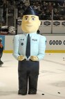 YOUNGSTOWN, Ohio - Air Force Reserve 910th Airlift Wing mascot, Airman Andy, takes to the ice at intermission as part of the Youngstown SteelHounds professional hockey team's Military Night activities, Jan. 19, at the Chevrolet Centre downtown. Andy gained popularity among the fans during the course of the evening's activities. U.S. Air Force photo by Tech. Sgt. Bob Barko Jr.