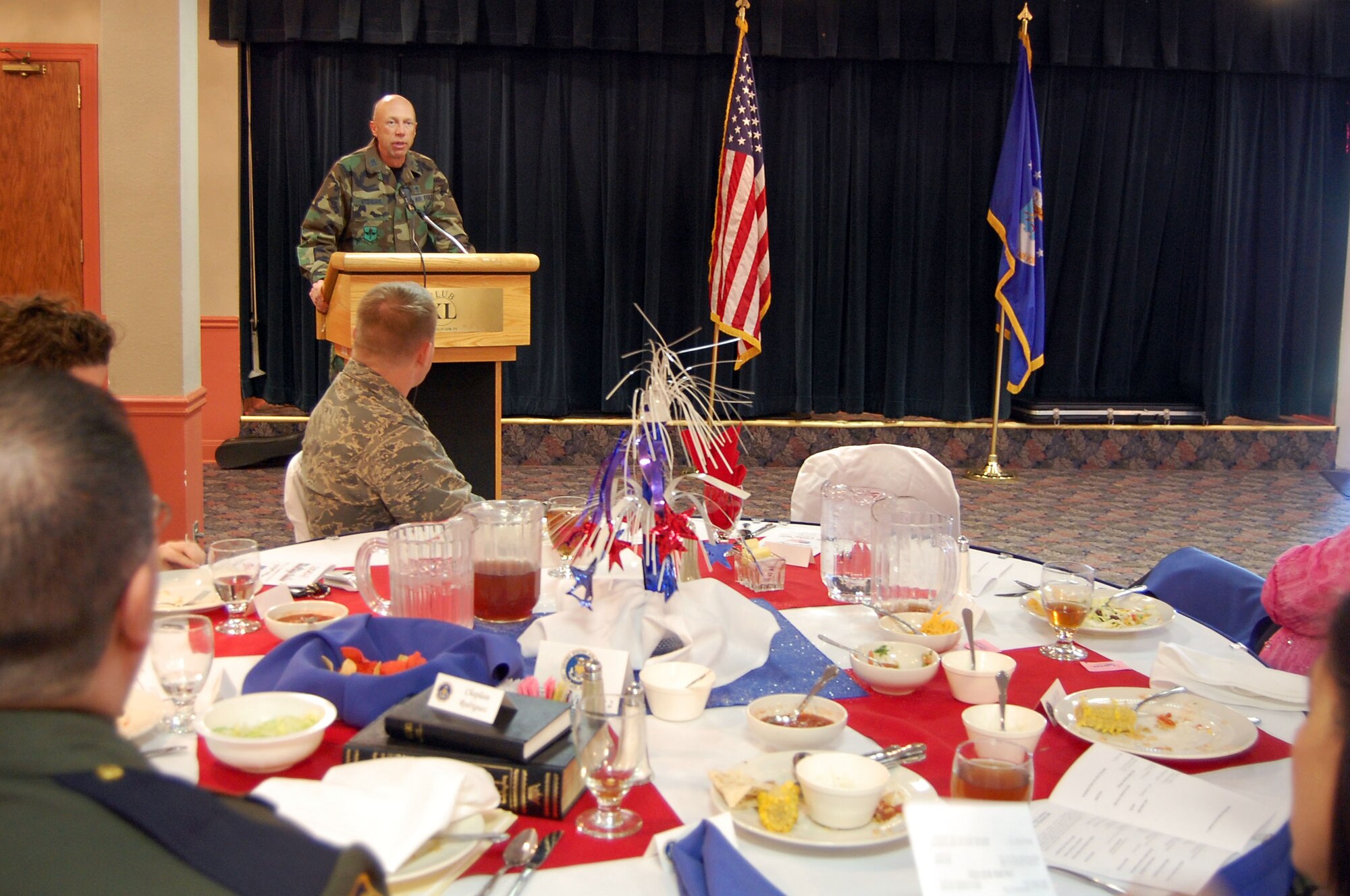 LAUGHLIN AIR FORCE BASE, Texas -- Air Education and Training Command’s Chaplain Col. Howard D. Stendahl gives an inspirational speech at the National Prayer Luncheon at Club XL Feb. 5. (U.S. Air Force photo by Airman 1st Class Sara Csurilla)