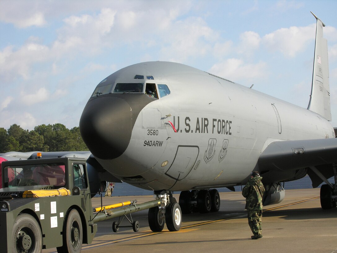 SEYMOUR JOHNSON AIR FORCE BASE, N.C. -- Members of the 916th Maintenance Group move the new addition to the 916th Air Refueling Wing to a location on the flightline.  The KC-135 from the 940th Air Refueling Wing, Beale Air Force Base, Calif., is just one of the eight airplanes that will be added to the 916th ARW as part of the Base Realignment and Closure Commission recommendations. Two of the eight planes arrived in late January to the North Carolina Air Force Reserve wing.  U. S. Air Force Photo by Donna Lea