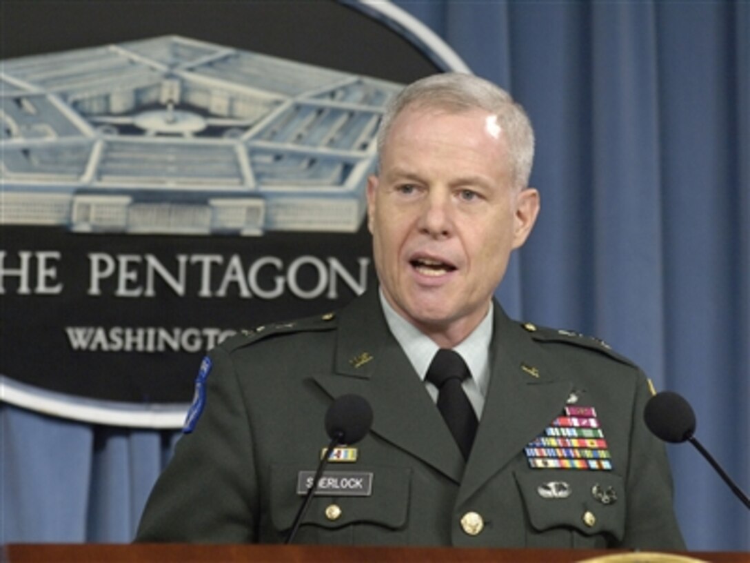 Joint Staff Deputy Director for Operational Planning Maj. Gen. Richard Sherlock, U.S. Army, conducts a operational update press briefing in the Pentagon on Feb. 7, 2008.  